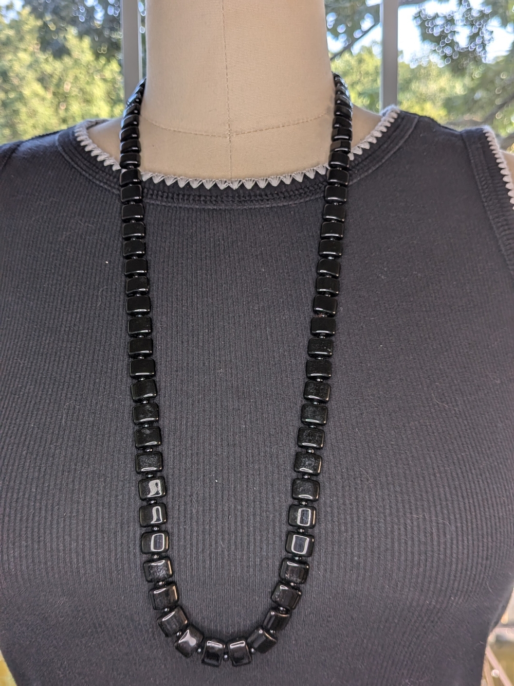 Vintage Black Glass Square Cube Linked Bead Opera Length Necklace Jet Tone